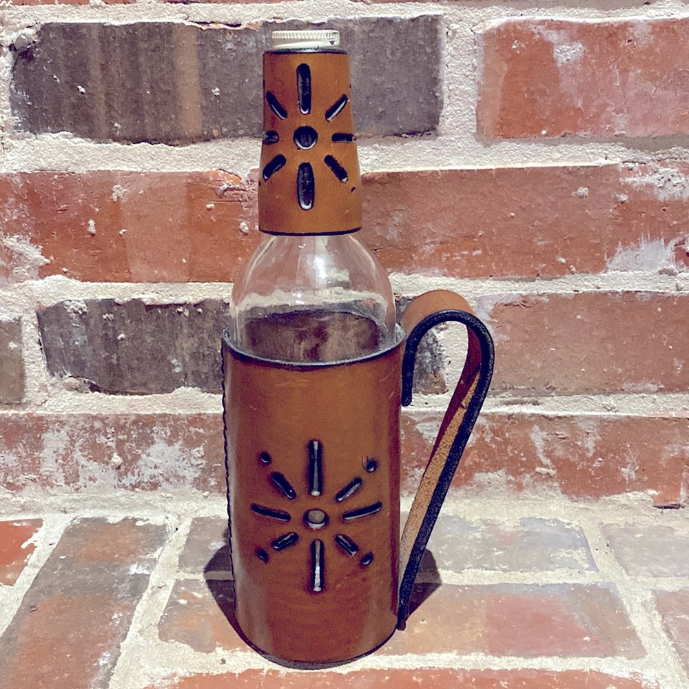 Leather bottle holder with handle & leather neck wrap